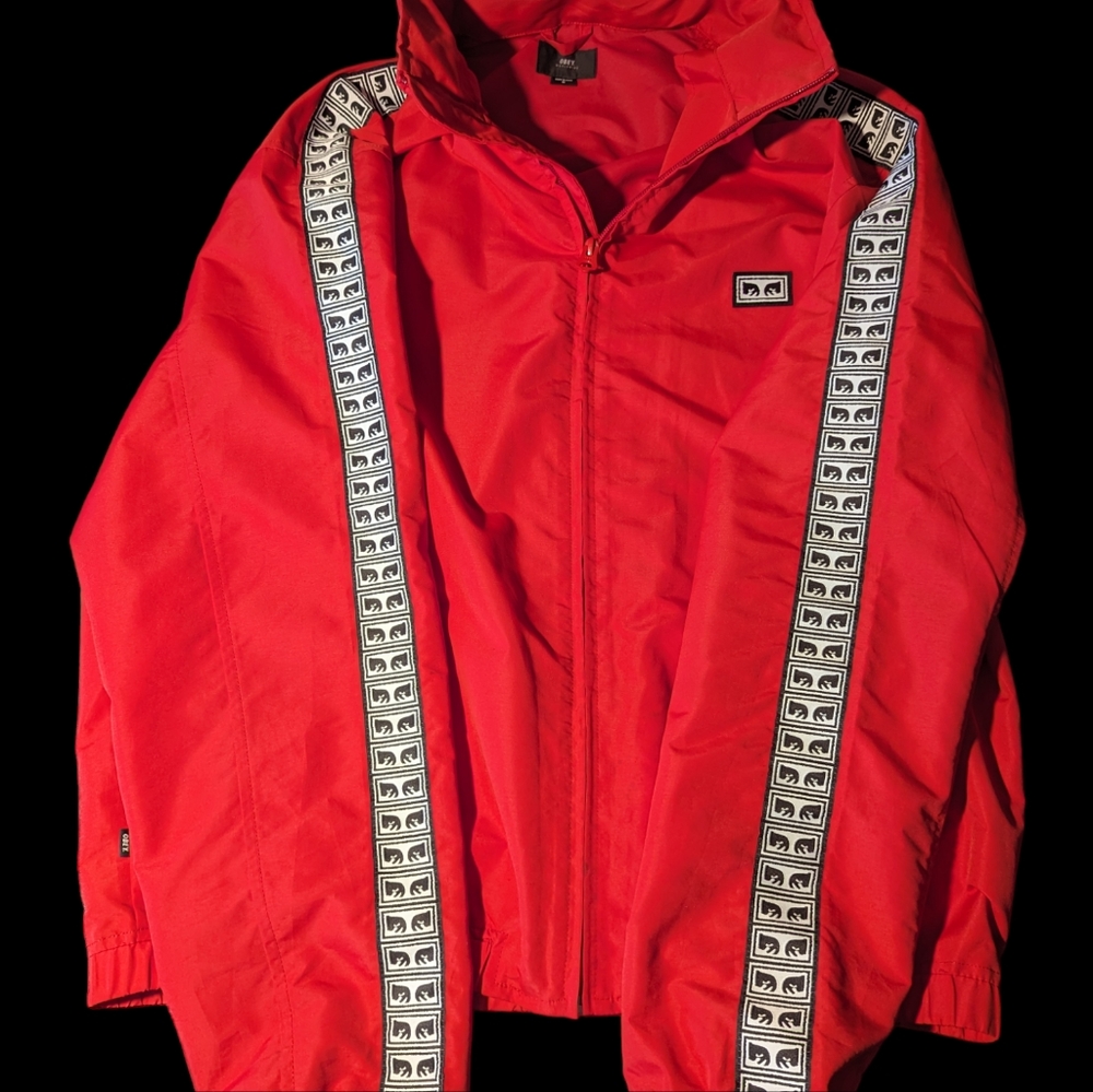 Obey red windbreaker with hood.